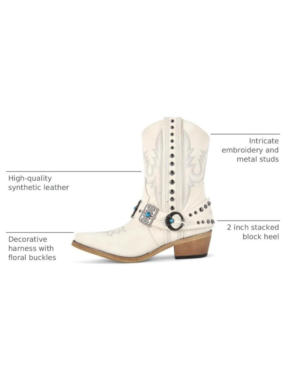 Women's Beige Ankle High Embroidery Pointed Toe Western Cowgirl Heeled Boots